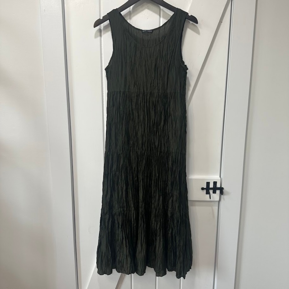 Eileen Fisher Womens Dress Olive Green Crinkle Tiered Sleeveless Midi Scoop Neck